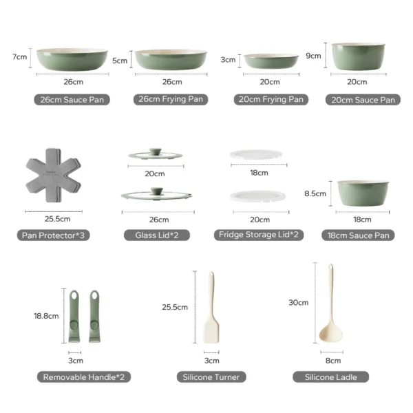 Nonstick Ceramic Rock Cookware Set Handle Removable Green