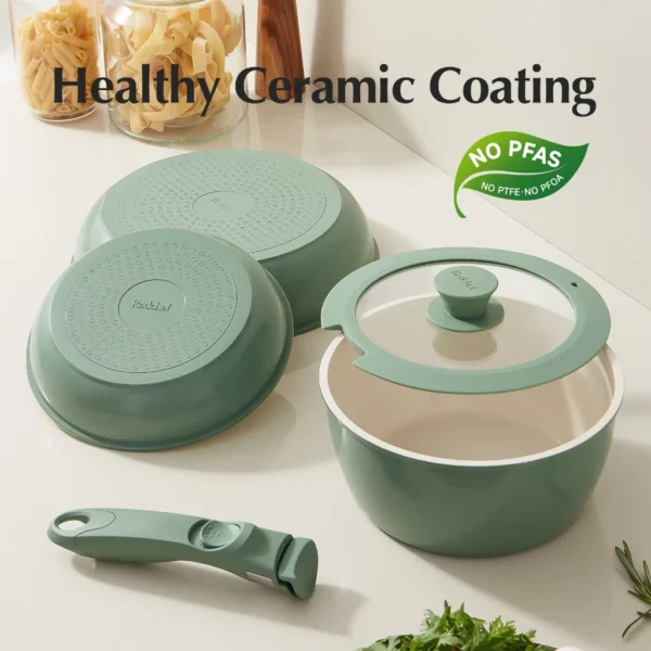 Nonstick Ceramic Rock Cookware Set Handle Removable Green