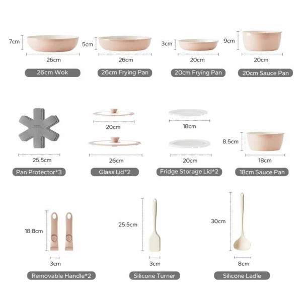 Nonstick Pink Ceramic Rock Cookware Set Handle Removable