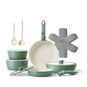 Nonstick Ceramic Rock Cookware Set Handle Removable Green