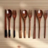 3-Piece Set Korean Wooden Cutlery Tableware Fork Spoon Chopsticks Solid Wood Long Handle Portable Cutlery