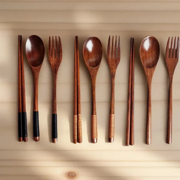 3-Piece Set Korean Wooden Cutlery Tableware Fork Spoon Chopsticks Solid Wood Long Handle Portable Cutlery
