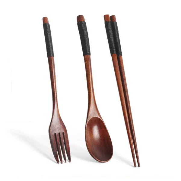 3-Piece Set Korean Wooden Cutlery Tableware Fork Spoon Chopsticks Solid Wood Long Handle Portable Cutlery